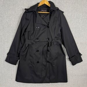 Kimi+Kai Sz L Maternity‎ Trench Coat Hooded Double Breasted Belted Black